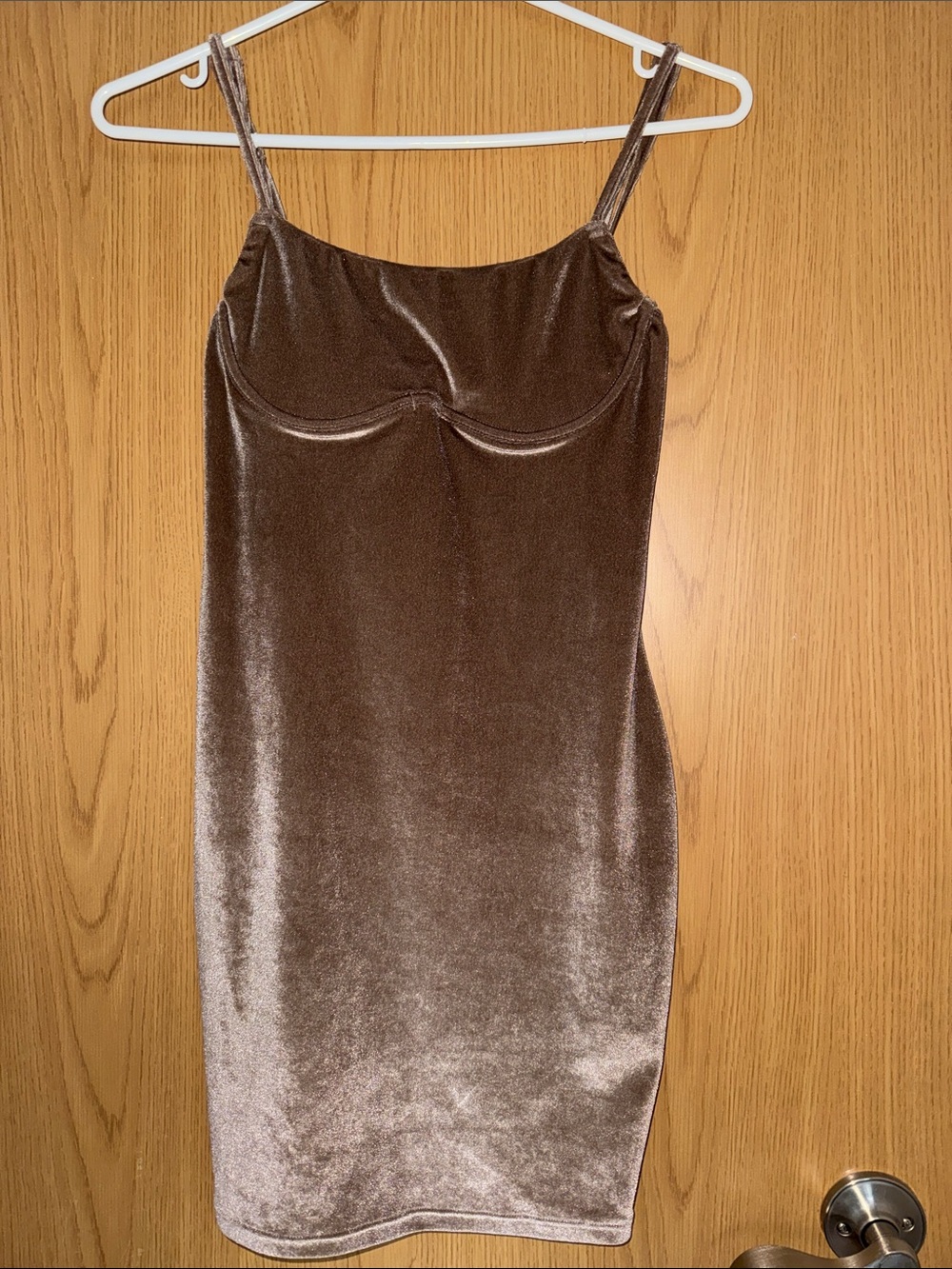 Velvet Spaghetti Strap Bodycon Dress in Taupe